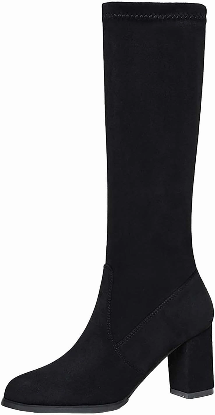 Women Chunky Heel Knee High and Up Boots Thigh High Block Heel Square Toe Side Zipper Faux Suede Winter Boot Cyberpunk Knee High Boots