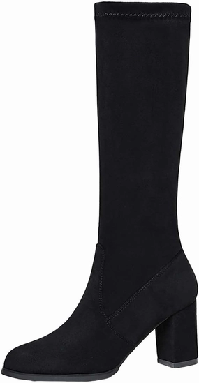 Women Chunky Heel Knee High and Up Boots Thigh High Block Heel Square Toe Side Zipper Faux Suede Winter Boot High Knee Boots Near Me