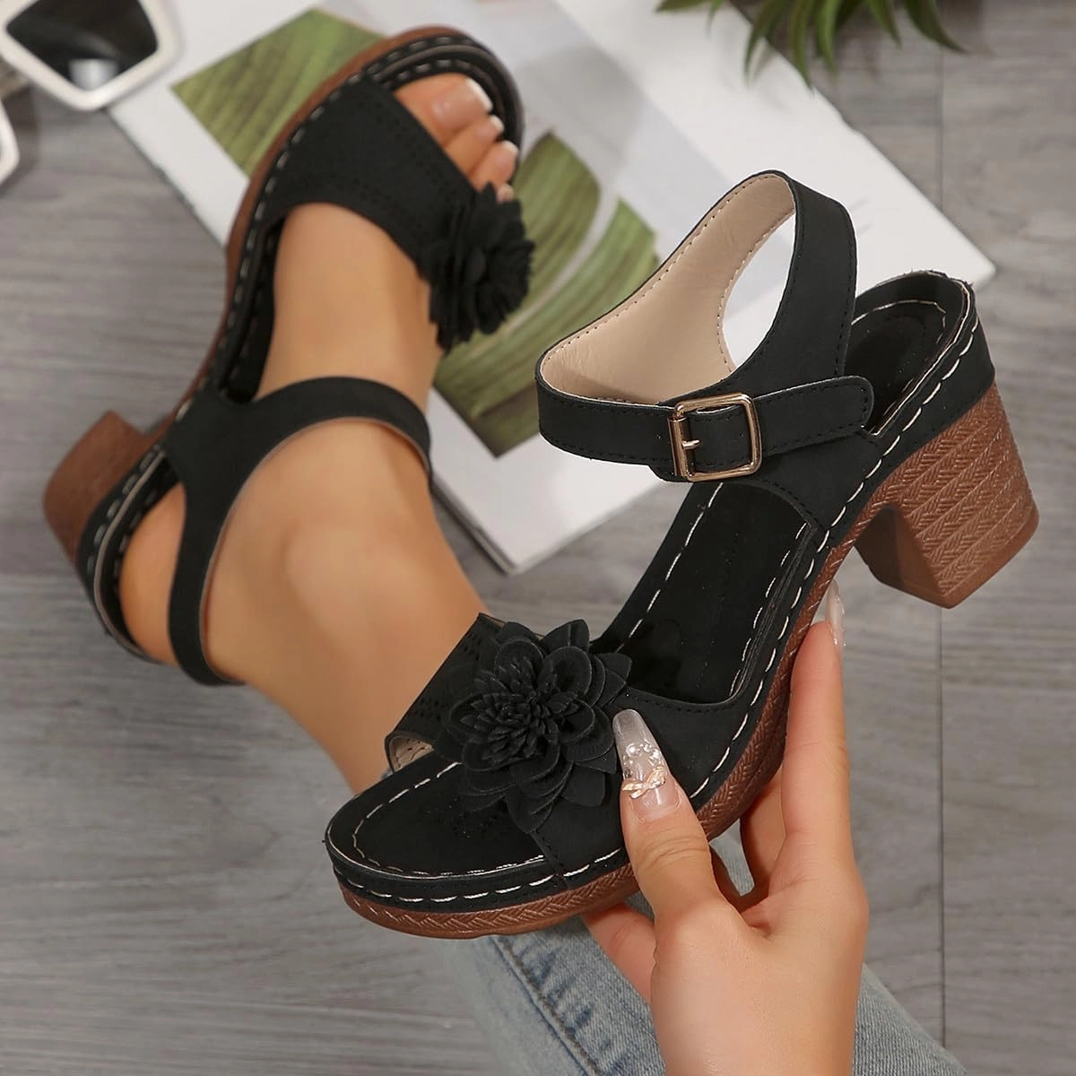 Used Women Chunky Platform Heels Casual Adjustable Ankle Strap Open Toe Heel Strappy Sandals Party Dressy Shoes Sandals