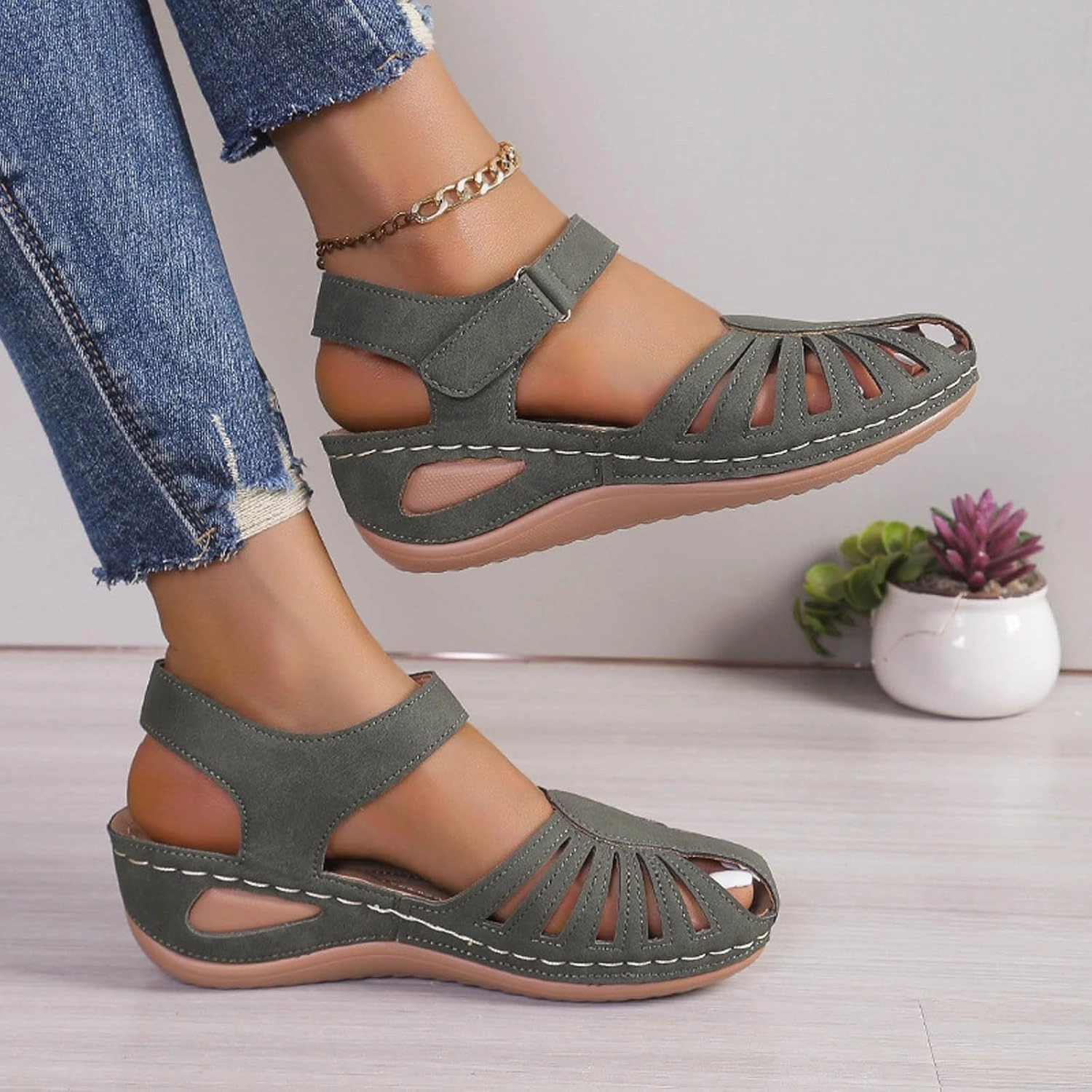 Women Close Toe Walking Sandals Dress Summer Wedges Heels for Women Ankle Strap Orthopedic Sandals Hollow Beach Shoes Rainbow Flip Flops