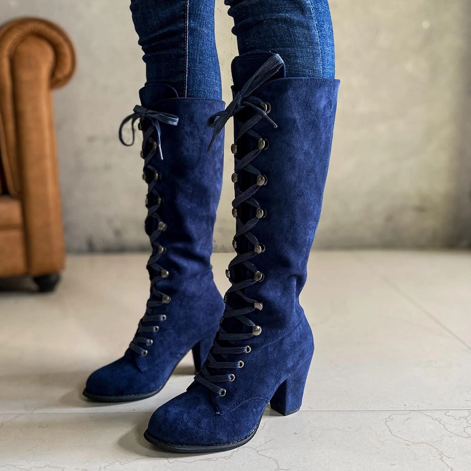 Women Knee High Chunky Heel Boots Casual Knee High Boots for Women Chunky Heel Lace up Pointed Toe Western Women Boot Knee High Boots With Strings
