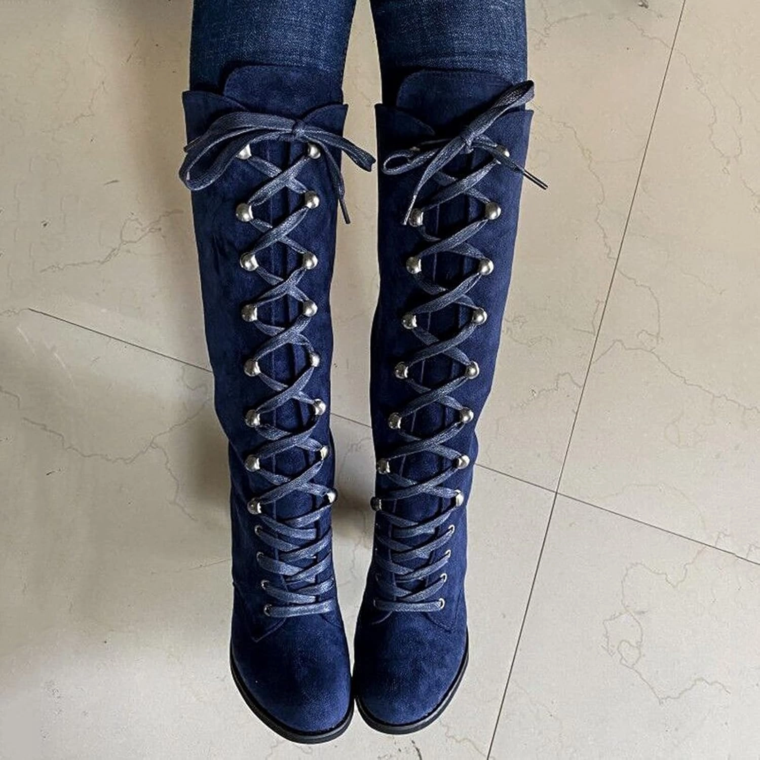 Over The Knee High Heel Platform Boots Women Knee High Chunky Heel Boots Casual Knee High Boots for Women Chunky Heel Lace up Pointed Toe Western Women Boot