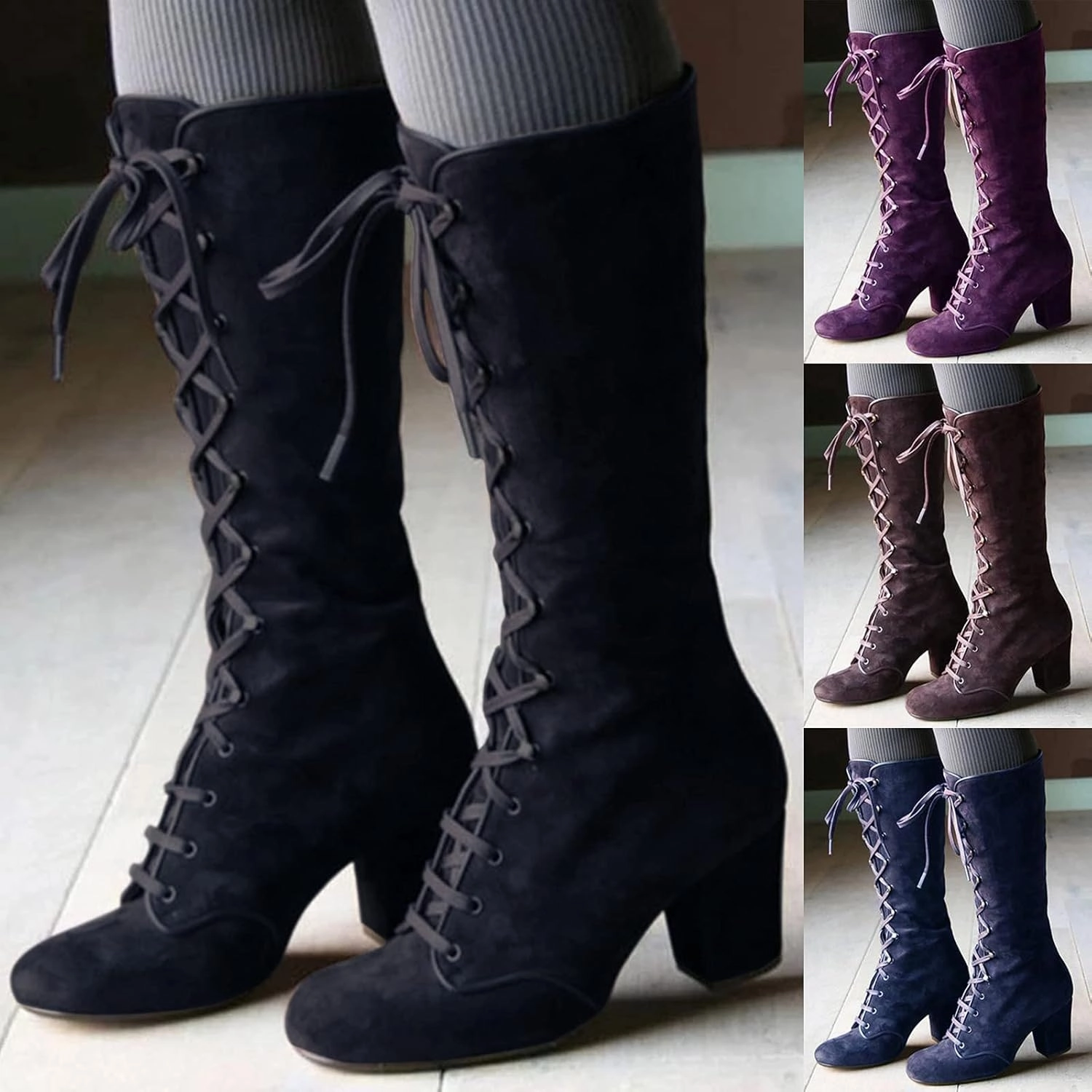 Women Knee High Chunky Heel Boots Casual Knee High Boots for Women Chunky Heel Lace up Pointed Toe Western Women Boot Knee High Boot Straps