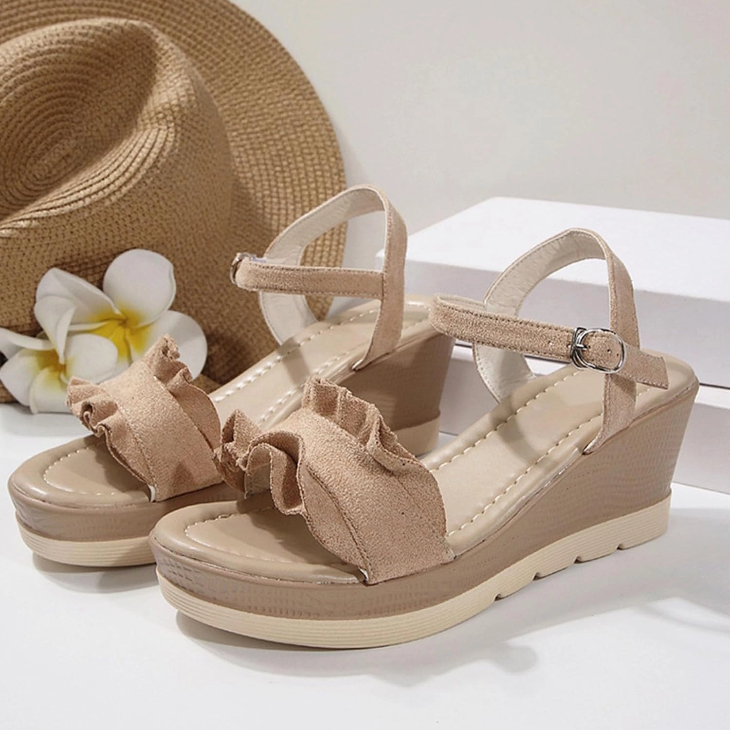 Women Open Toe Summer Heels Wedges Dressy Casual Ankle Strap High Heeled Platform Sandals Classic Wedge Shoes Ruffle Flip Flops In Bulk