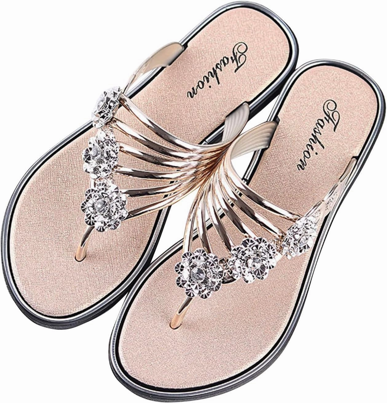 Waterproof Beach Flip Flops Women Rhinestone Boho Flip Flops Summer Comfort Beach Slippers Clip Toe Slide Sandal Bohemian Thong Sandals Flats