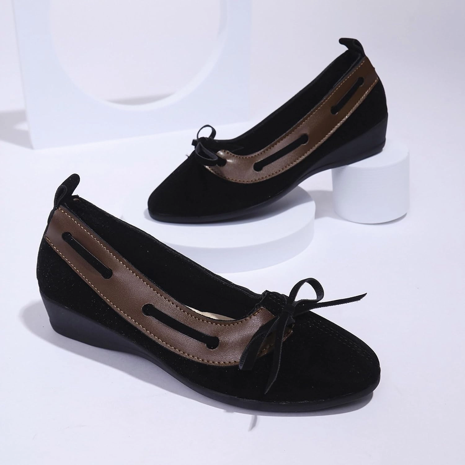 Women's Casual Wedge Heel Shoes Closed Toe Leather Upper Color Block Design Comfortable Everyday Wear Versatile Best Tennis Shoe For Wide Feet