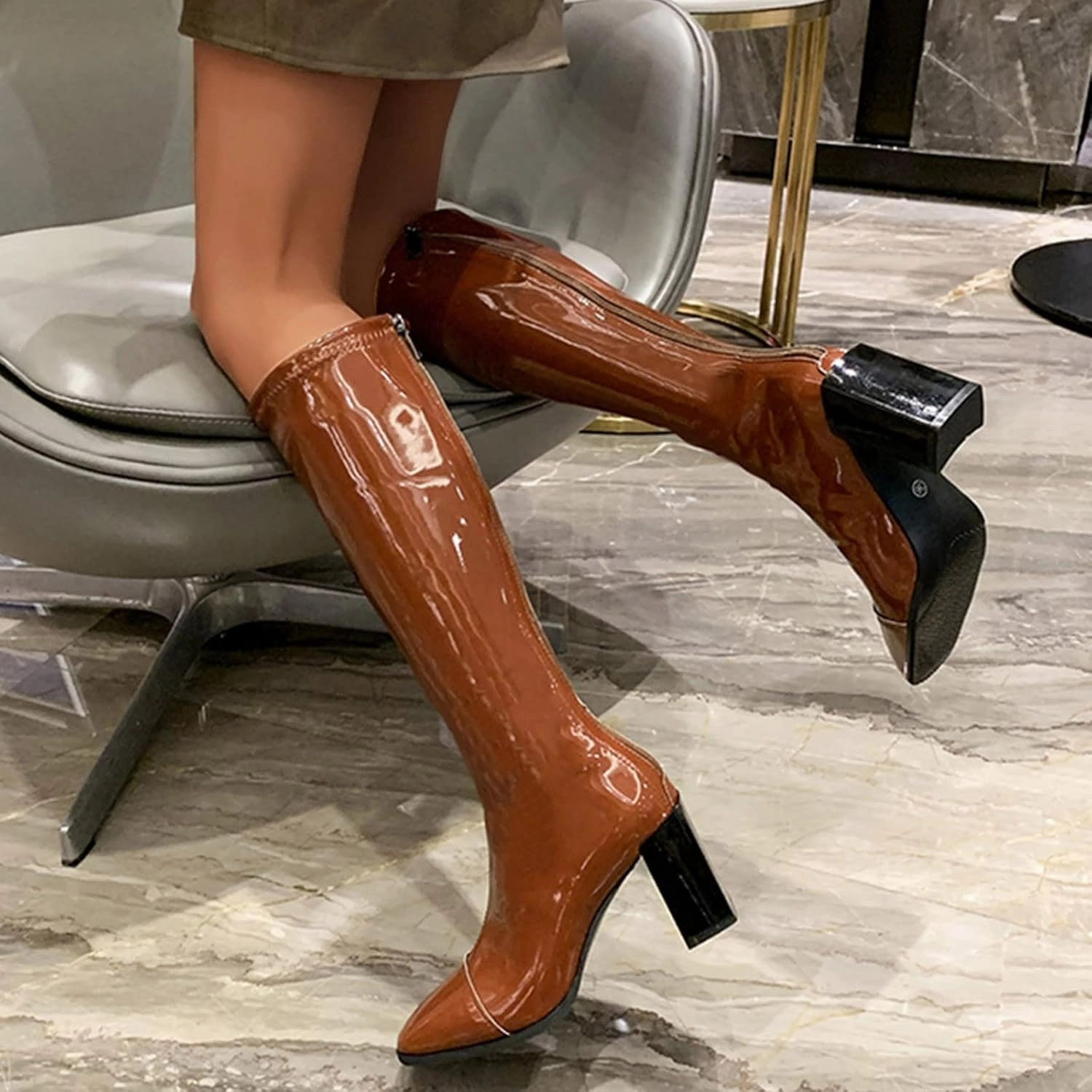 Printed Knee High Boots Women's Knee High Boots - Chunky Heel, Pointed Toe, Leather, Side Zipper - Winter Boots for Women High Heels Booties