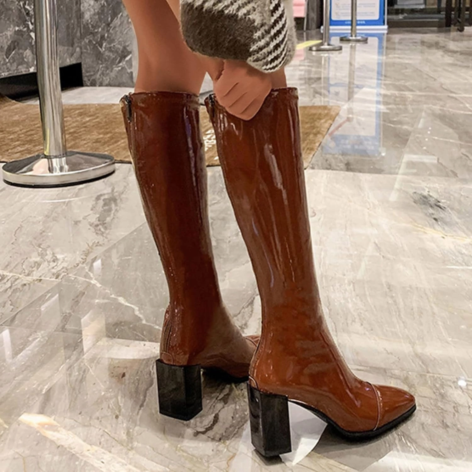 Women's Knee High Boots - Chunky Heel, Pointed Toe, Leather, Side Zipper - Winter Boots for Women High Heels Booties Suede Knee High Boots Outfit