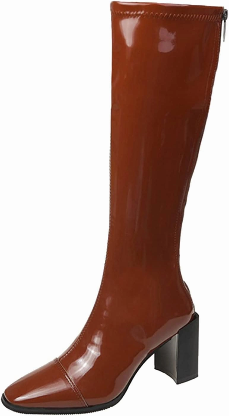 Women's Knee High Boots - Chunky Heel, Pointed Toe, Leather, Side Zipper - Winter Boots for Women High Heels Booties Knee High Fringe Boot