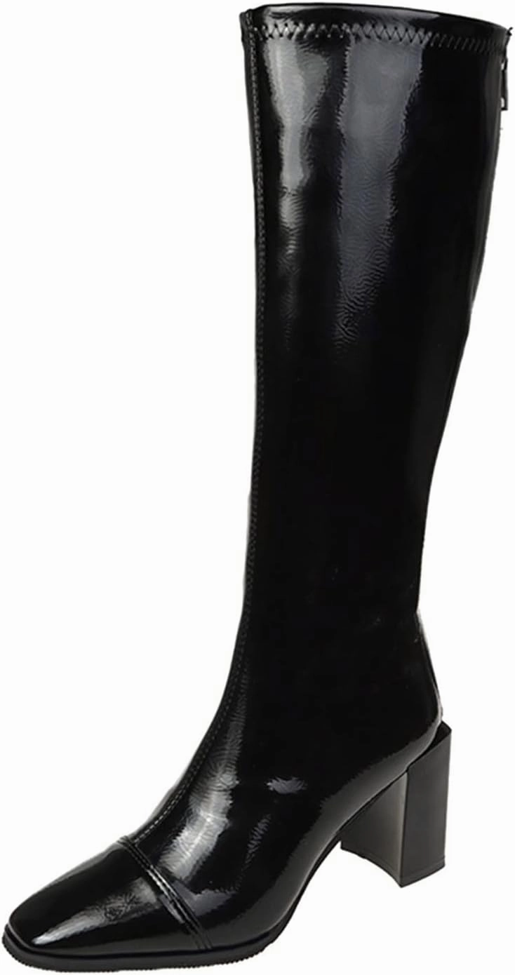 Women's Knee High Boots - Chunky Heel, Pointed Toe, Leather, Side Zipper - Winter Boots for Women High Heels Booties Plus Size Wide Calf Knee High Boots