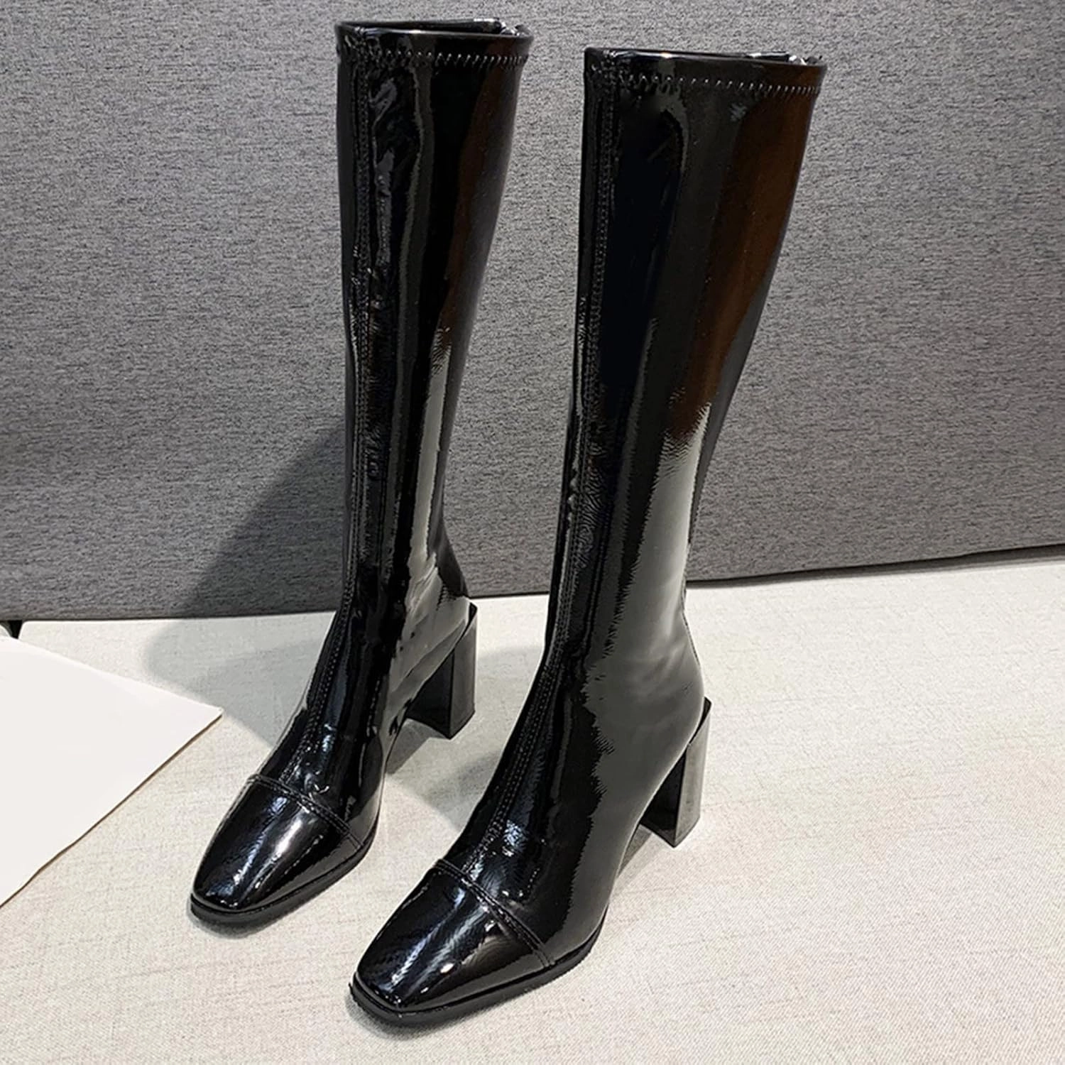 Knee High Lug Boot Women's Knee High Boots - Chunky Heel, Pointed Toe, Leather, Side Zipper - Winter Boots for Women High Heels Booties