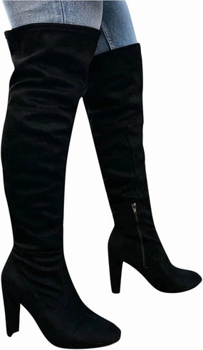 Iridescent Knee High Boots Women's Platform Thigh High Boots Over-The-Knee Stretch High Boots Knitted Leather Round Toe Chunky Over The Knee Boots (D-Black, 10)