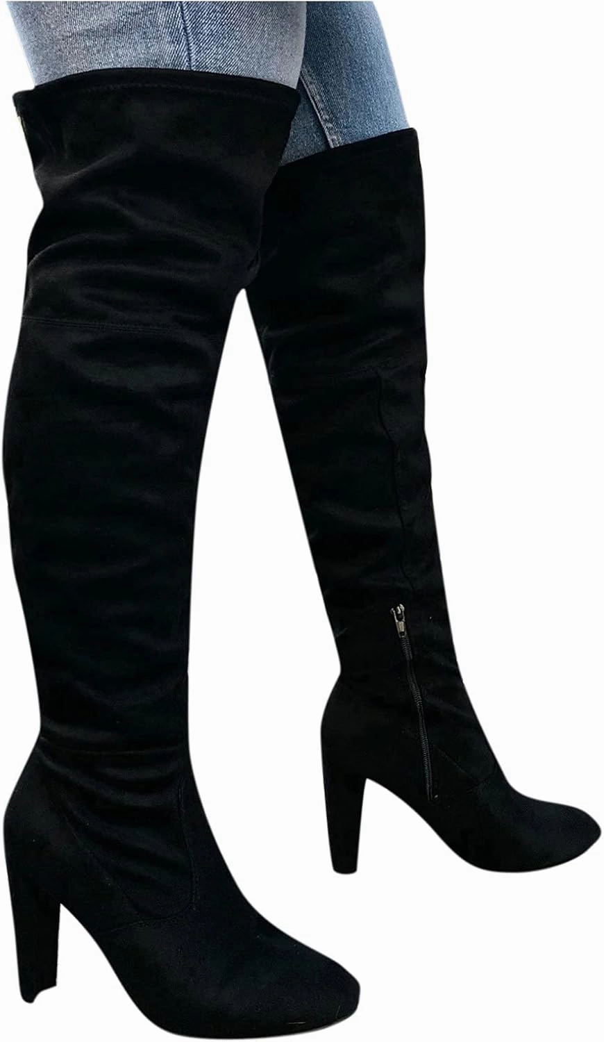 Women's Platform Thigh High Boots Over-The-Knee Stretch High Boots Knitted Leather Round Toe Chunky Over The Knee Boots (D-Black, 8.5) Wide Calf Knee High Heel Boots