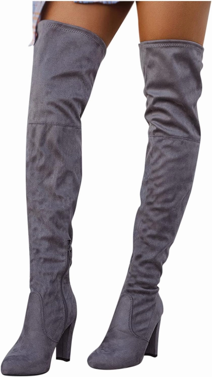 Women's Platform Thigh High Boots Over-The-Knee Stretch High Boots Knitted Leather Round Toe Chunky Over The Knee Boots (D-Grey, 7.5) Styles To Wear With Knee High Boots