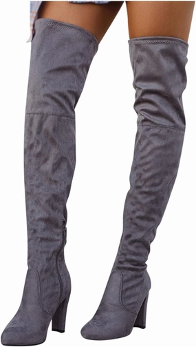 Lace Up Wide Calf Knee High Boots Women's Platform Thigh High Boots Over-The-Knee Stretch High Boots Knitted Leather Round Toe Chunky Over The Knee Boots (D-Grey, 8.5)