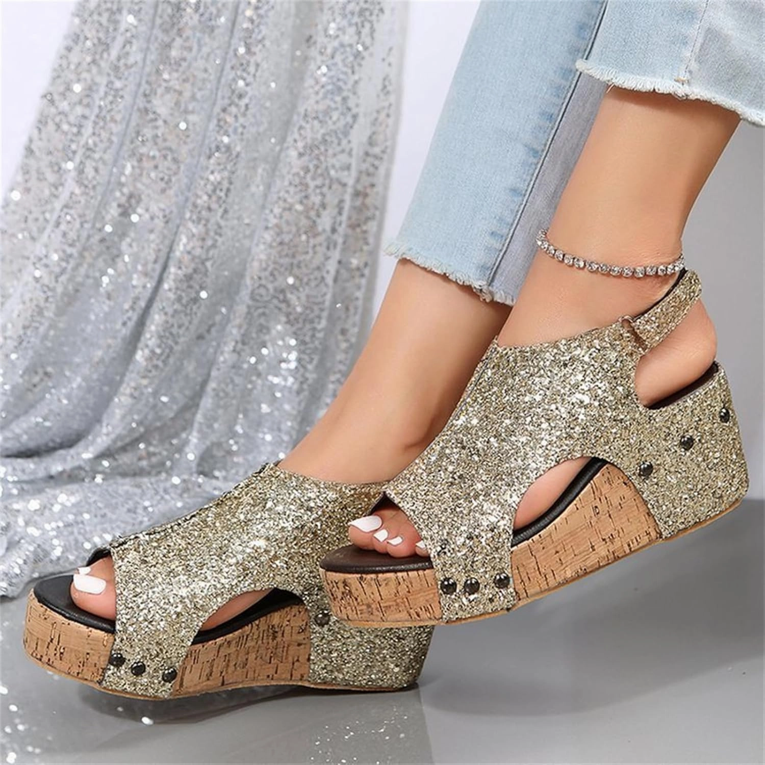 Bearpaw Slip On Slippers Women's Sandals Comfortable Walking Wedges Sandals Heels Open Toe Ankle Strap Platform Sparkly Rhinestone Summer Dress Shoes