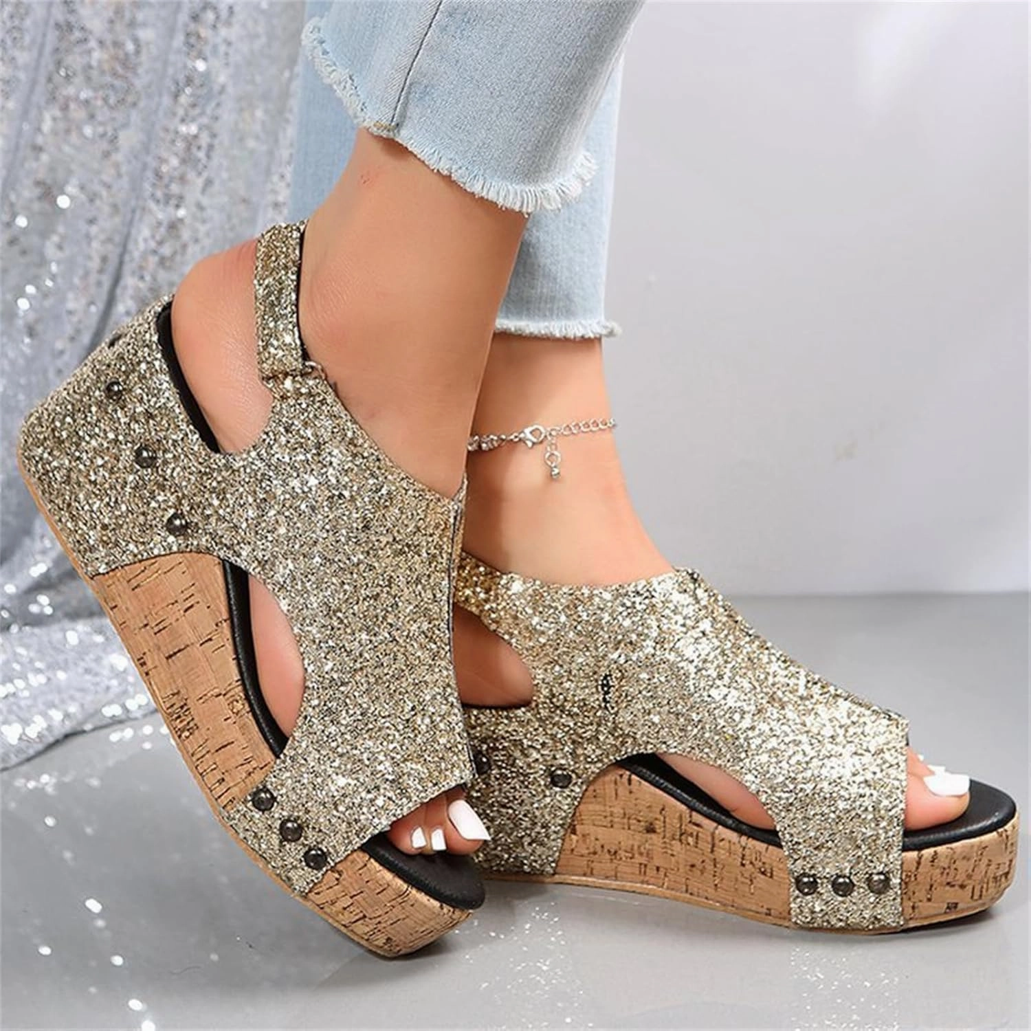 Women's Sandals Comfortable Walking Wedges Sandals Heels Open Toe Ankle Strap Platform Sparkly Rhinestone Summer Dress Shoes Slip Ons Slip On Slip On Sneakers Slip On