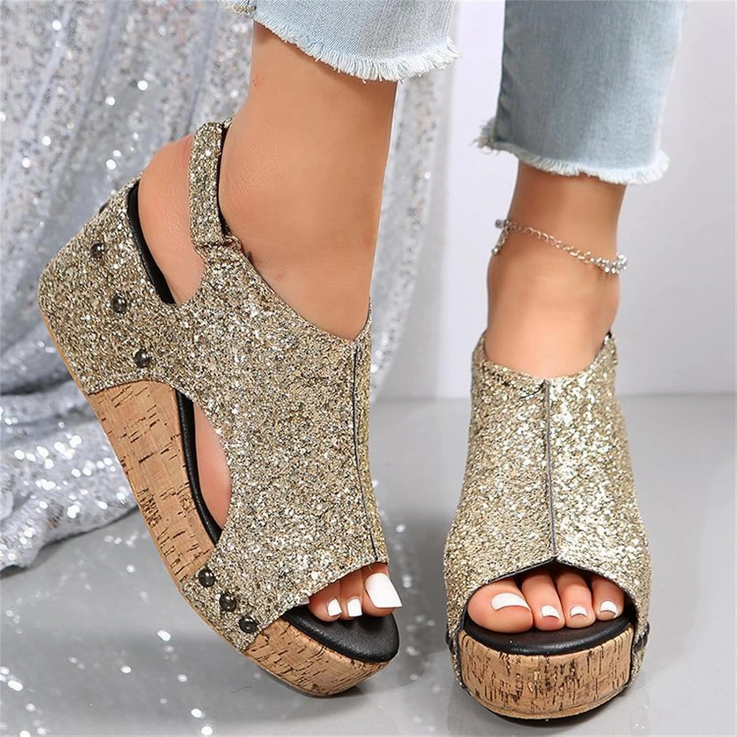 Women's Sandals Comfortable Walking Wedges Sandals Heels Open Toe Ankle Strap Platform Sparkly Rhinestone Summer Dress Shoes Slip On Fashion