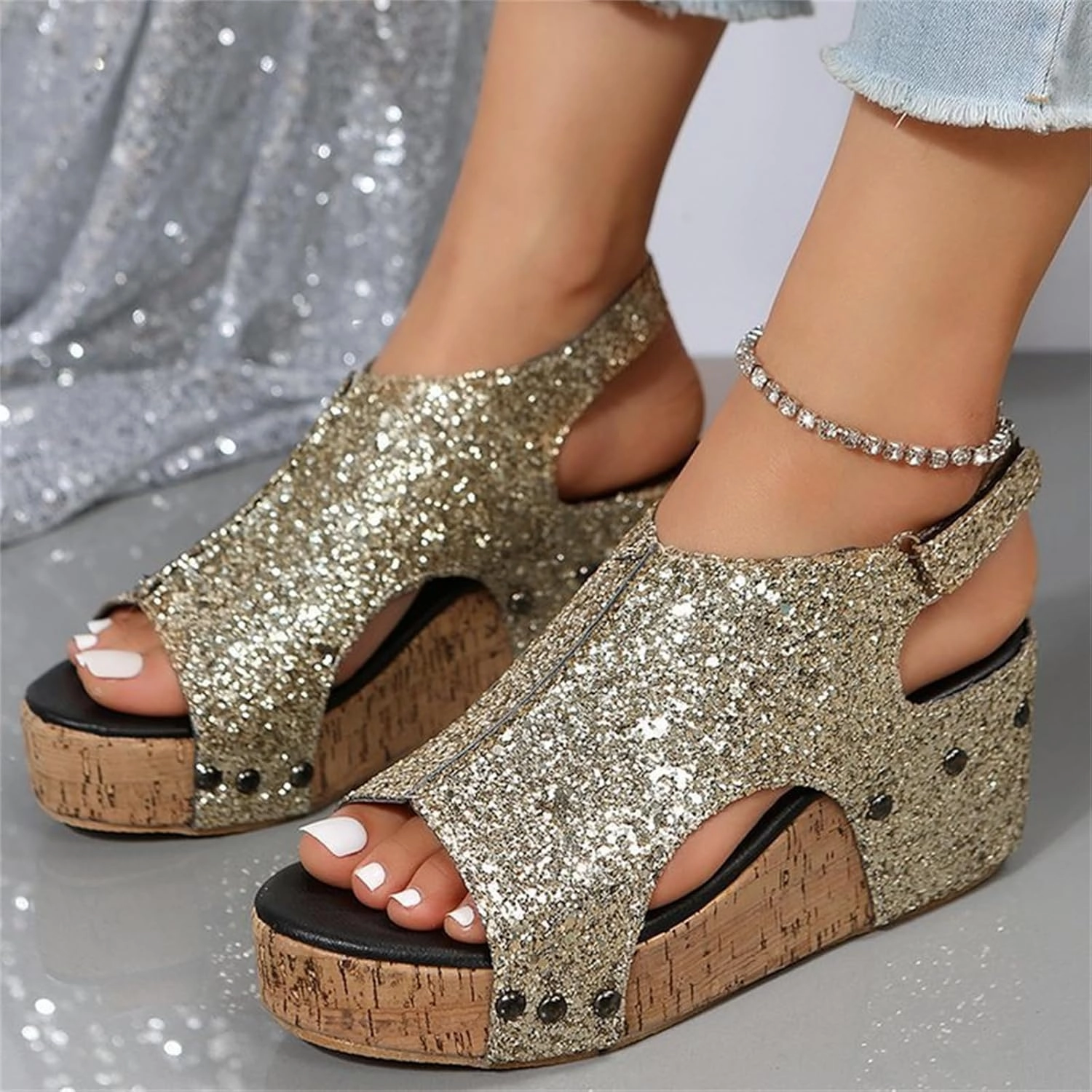 Women's Sandals Comfortable Walking Wedges Sandals Heels Open Toe Ankle Strap Platform Sparkly Rhinestone Summer Dress Shoes Slip On Open Toe Shoes