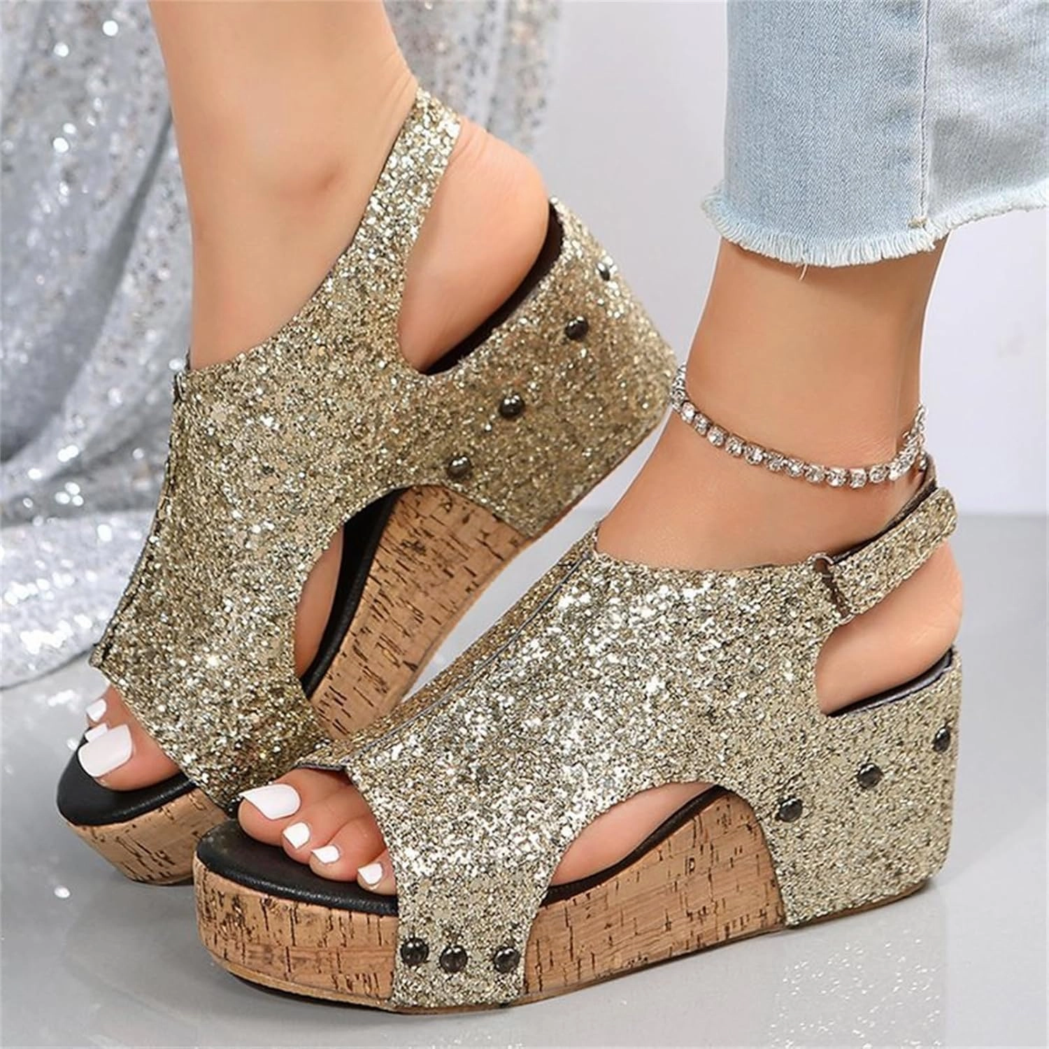 Michael Kors Slip On Shoes Women's Sandals Comfortable Walking Wedges Sandals Heels Open Toe Ankle Strap Platform Sparkly Rhinestone Summer Dress Shoes