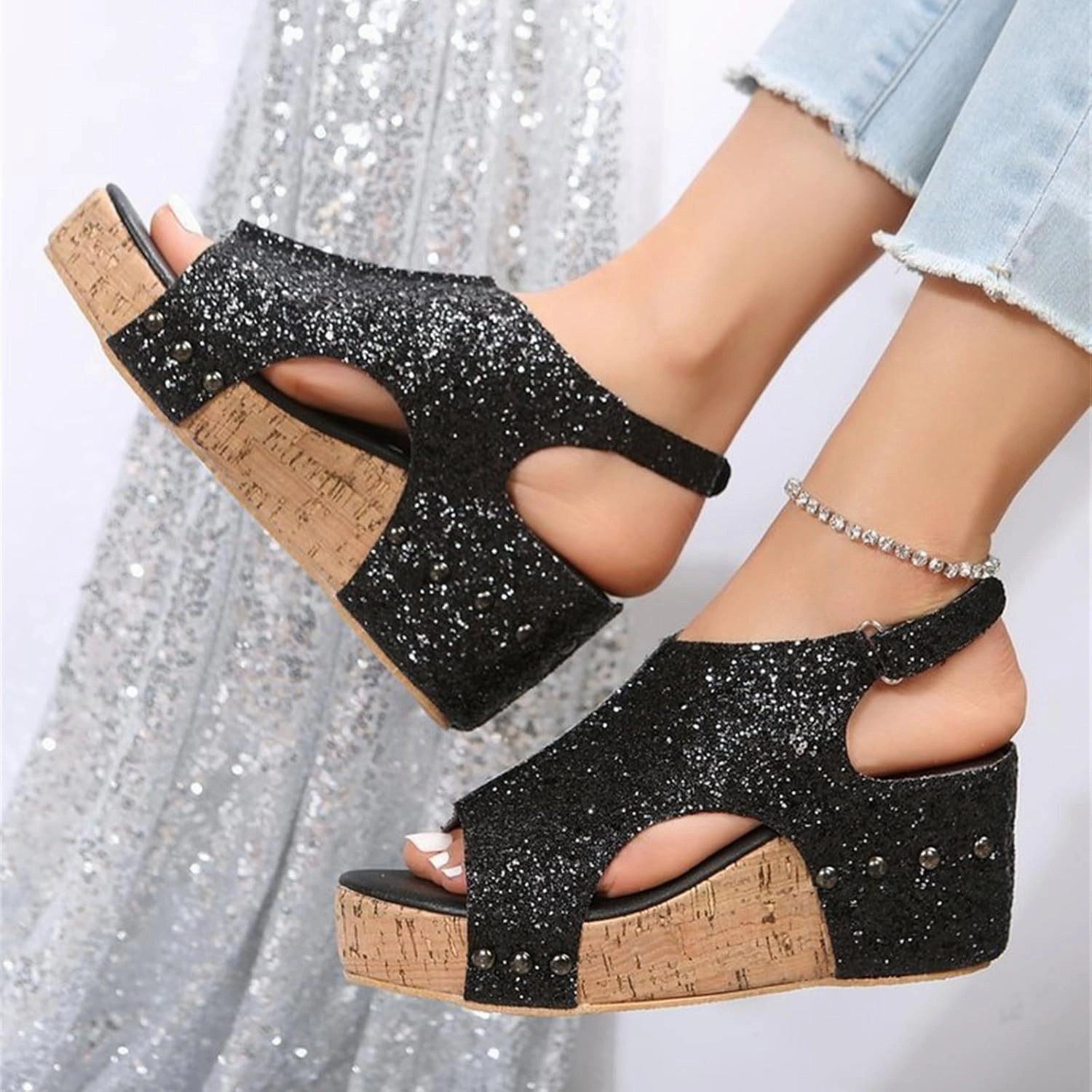Women's Sandals Comfortable Walking Wedges Sandals Heels Open Toe Ankle Strap Platform Sparkly Rhinestone Summer Dress Shoes Slip On Athletic Shoe