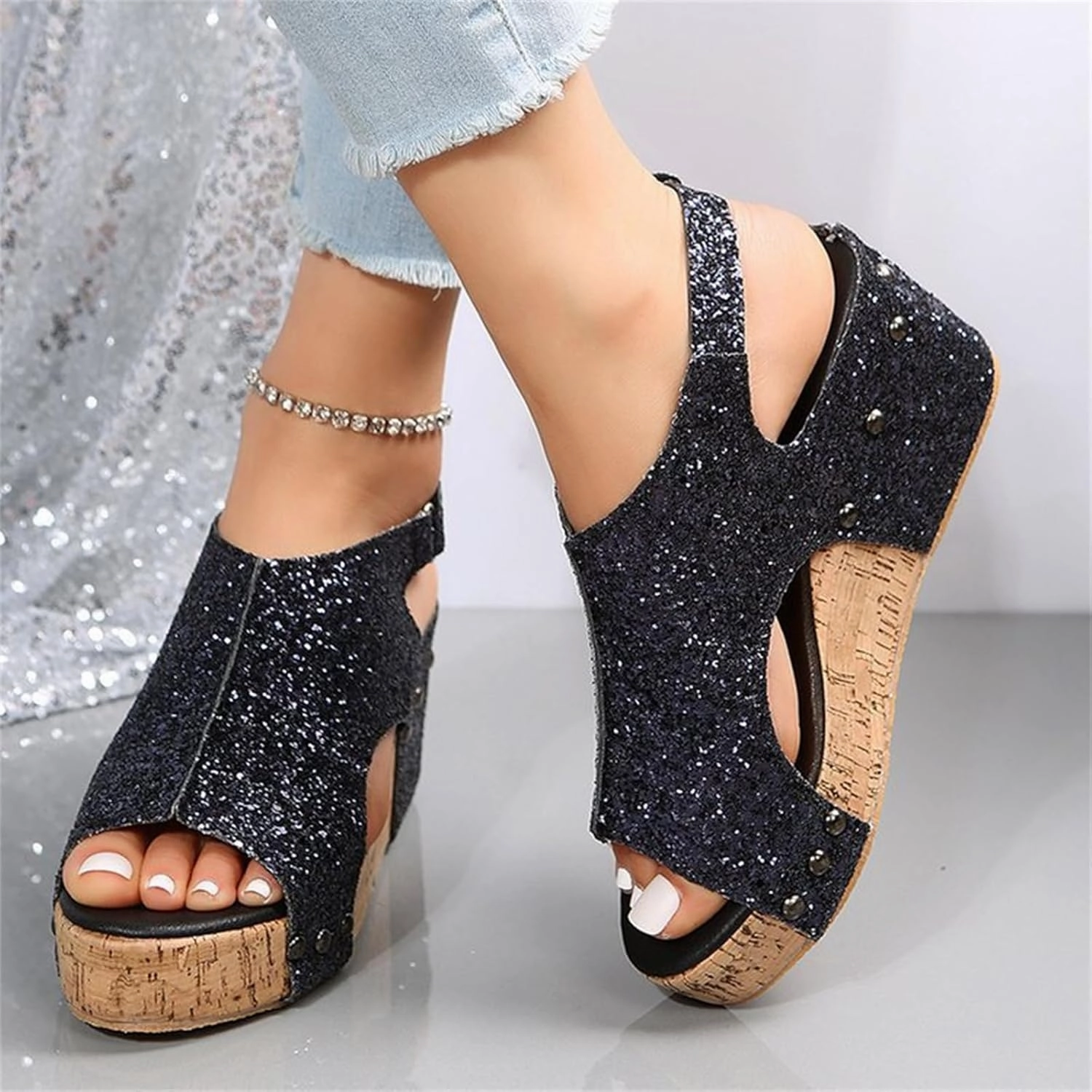 Slip-on Shoes For Elderly With Balance Problems Women's Sandals Comfortable Walking Wedges Sandals Heels Open Toe Ankle Strap Platform Sparkly Rhinestone Summer Dress Shoes