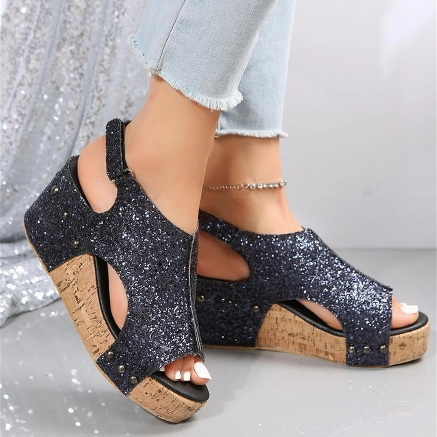 Double Wide Slip On Shoes Women's Sandals Comfortable Walking Wedges Sandals Heels Open Toe Ankle Strap Platform Sparkly Rhinestone Summer Dress Shoes