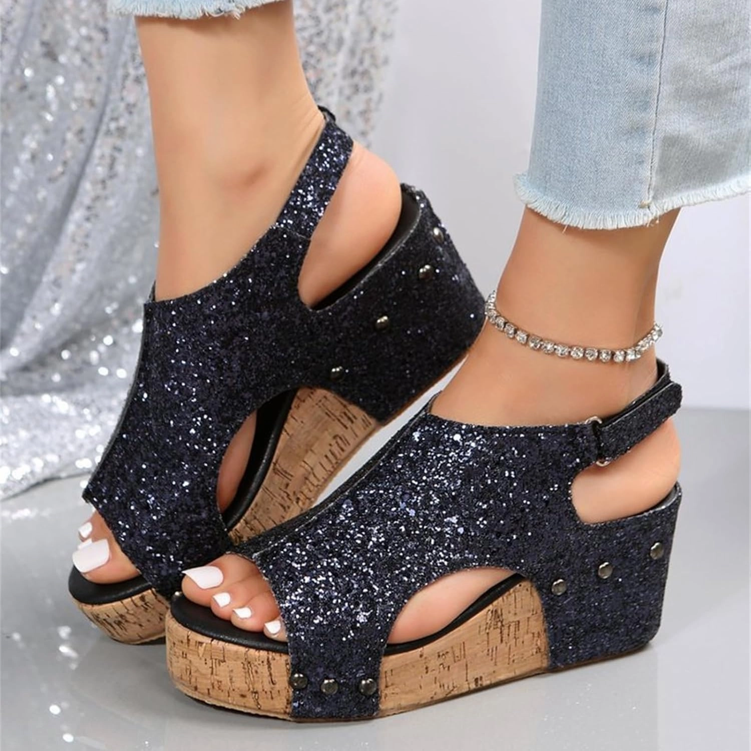 Slip On Lifting Shoes Women's Sandals Comfortable Walking Wedges Sandals Heels Open Toe Ankle Strap Platform Sparkly Rhinestone Summer Dress Shoes