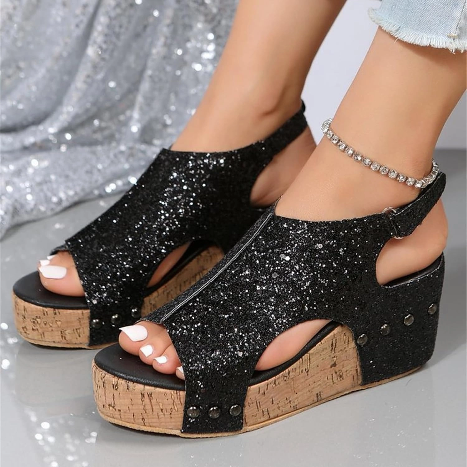 Slip On Duck Boots Women's Sandals Comfortable Walking Wedges Sandals Heels Open Toe Ankle Strap Platform Sparkly Rhinestone Summer Dress Shoes