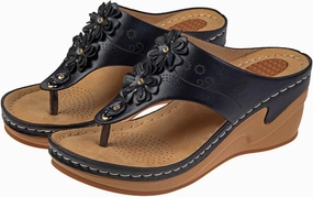 Women's Summer Casual Sandals Flower Decoration Wedge Heel Clip Toe Arch Support Flip Flops Comfortable Beach Sandal Best Wedding Flip Flops