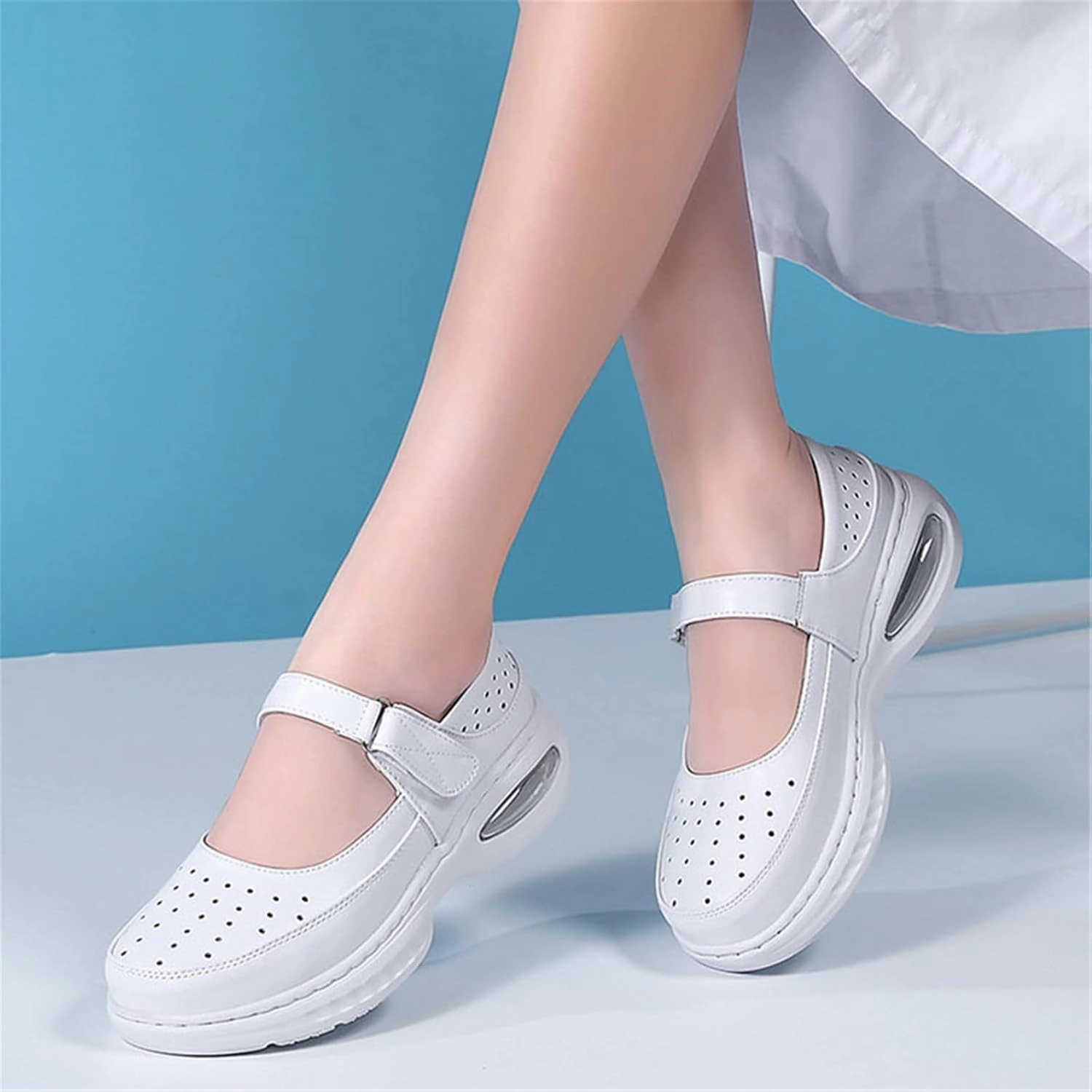 Women's White Adjustable Nurse Shoes, Summer Casual Breathable Hollow Slip On Non Slip Leather Nursing Shoes, Comfort Mesh Lightweight Running Training, for Hospital Work Best New Training Shoes