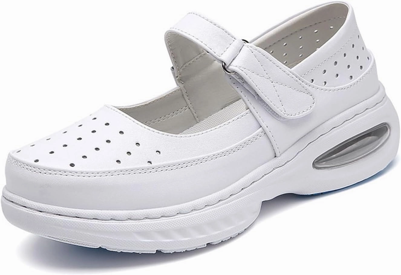 Women's White Adjustable Nurse Shoes, Summer Casual Breathable Hollow Slip On Non Slip Leather Nursing Shoes, Comfort Mesh Lightweight Running Training, for Hospital Work High Top Cross Training Shoes