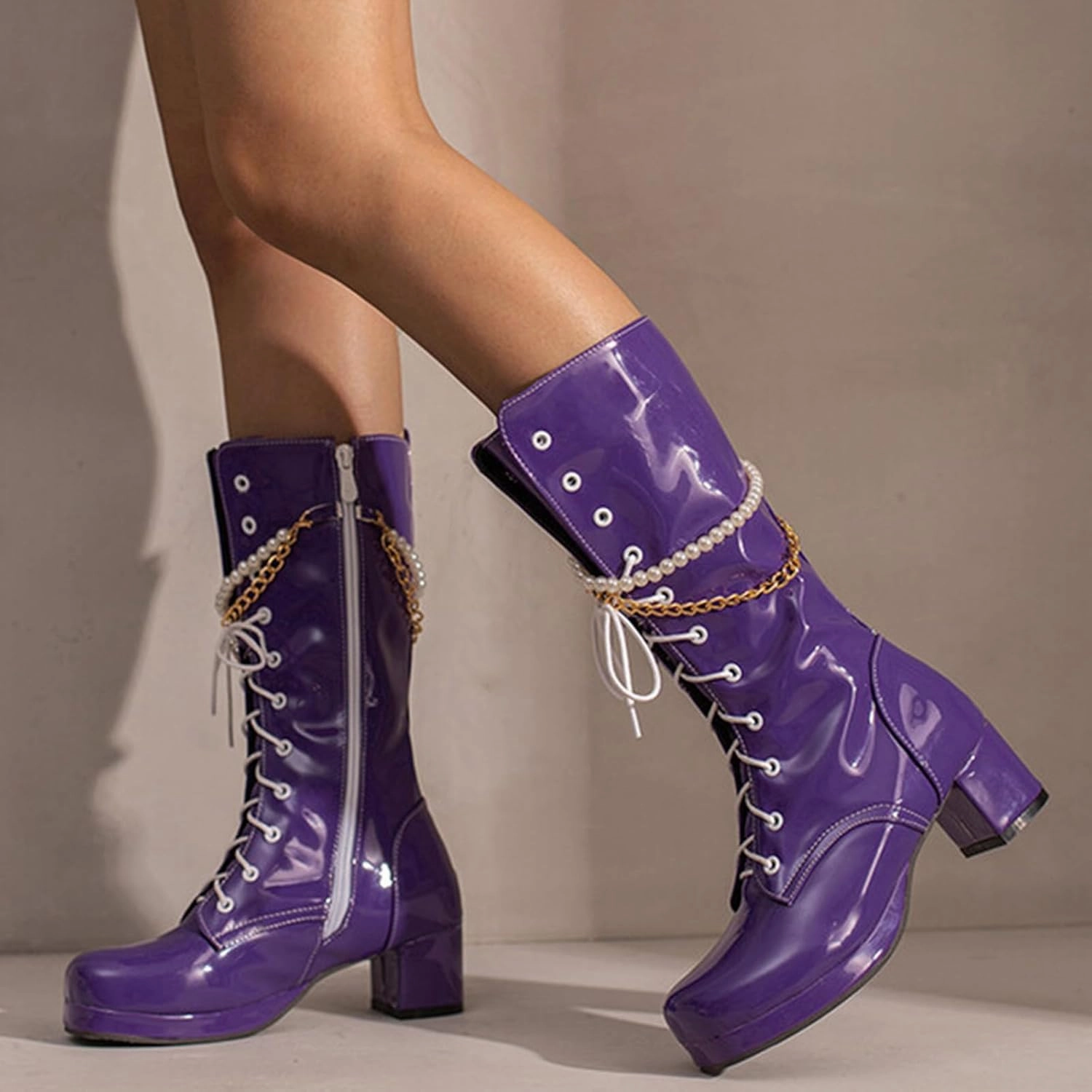 Curves & Combat Boots Women's Y2k mid calf combat boots platform lace-up thick sole zipper casual long outdoor bootie