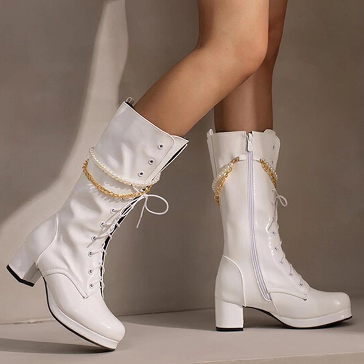 Tubular Combat Boots Womens Boots Women's Y2K Mid Calf Combat Boots Platform Lace-Up Thick Sole Zipper Casual Long Outdoor Bootie