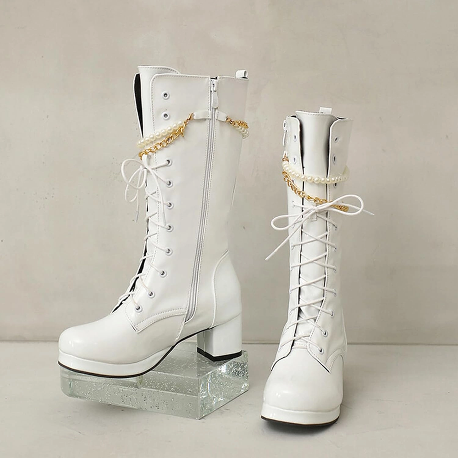 Suit And Combat Boots Womens Boots Women's Y2K Mid Calf Combat Boots Platform Lace-Up Thick Sole Zipper Casual Long Outdoor Bootie