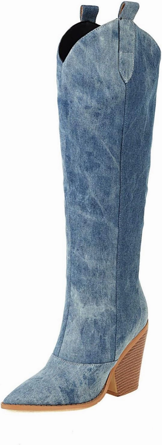 Womens Denim Knee High Boots - Fashion Casual Pointed Toe Chunky Heel Slip on High Boots Fall Solid Comfortable Ladies Square High Heel Shoes Western Style Knee High Boots