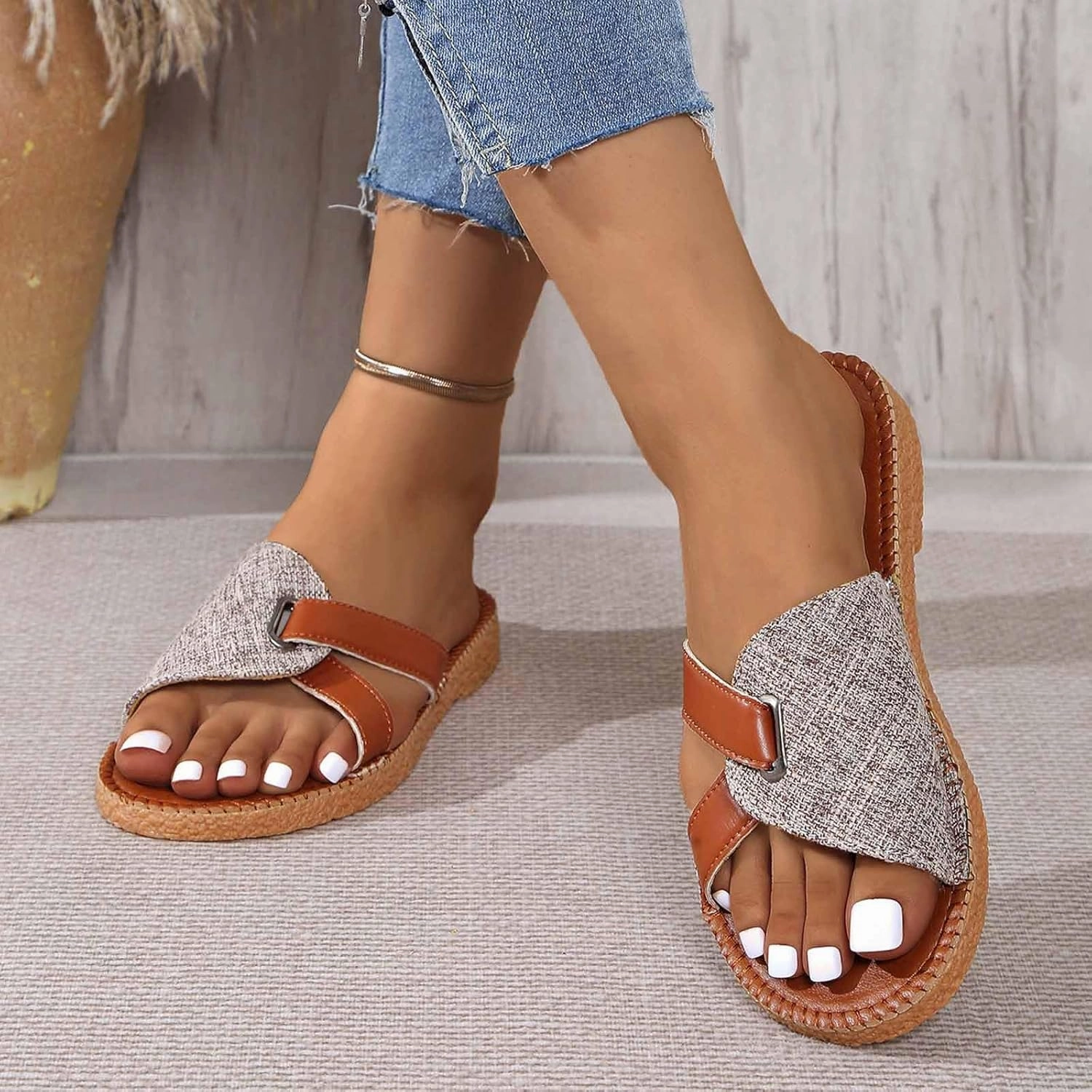 Early Flip Flops Womens Dressy Slides Comfort Slip on Patchwork Upper Flat Sandals Ladies Soft Casual Flip Flops 2025 Summer Sandals