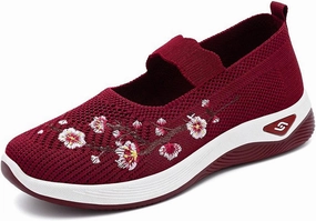 Tennis Shoes For Heel Pain Womens Embroidered Flower Shoes Slip On Knit Flat Loafers Woven Orthopedic Casual Breathable Soft Sole Sneakers Arch Support Stretch Mesh Platform Comfortable Walking Nurse Shoe