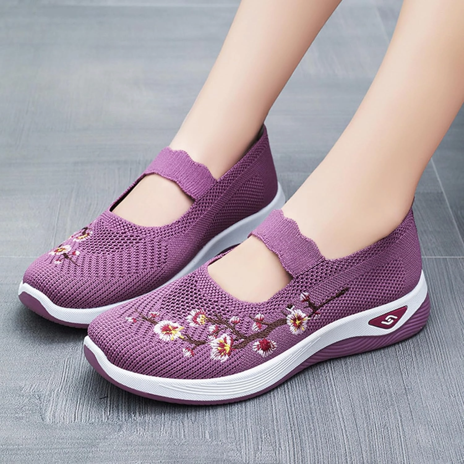 High Top Tennis Court Shoes Womens Embroidered Flower Shoes Slip On Knit Flat Loafers Woven Orthopedic Casual Breathable Soft Sole Sneakers Arch Support Stretch Mesh Platform Comfortable Walking Nurse Shoe