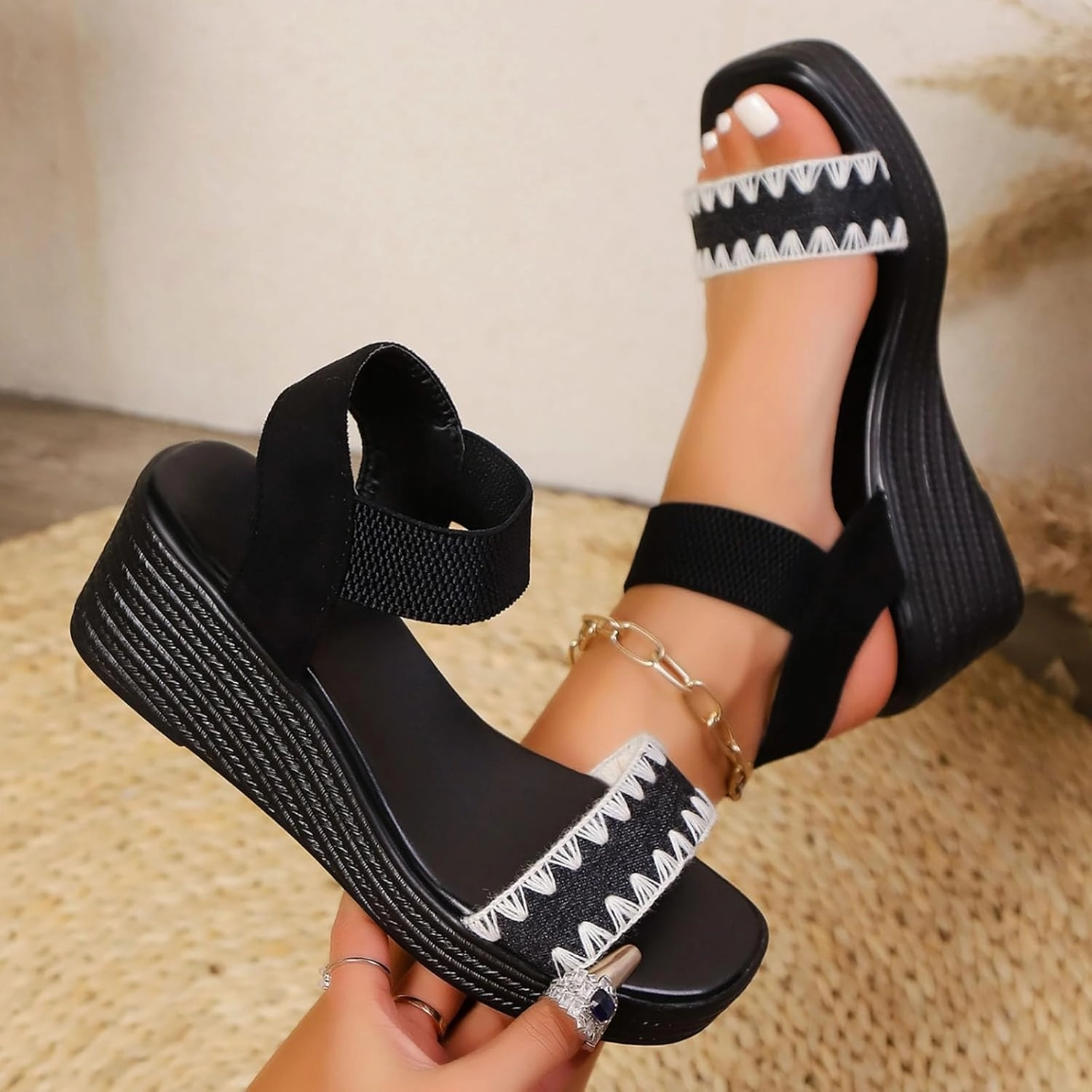 Shop Flip Flops Online Womens Slip on Espadrilles Dress Platform Sandals Open Toe Elastic Ankle Strap Wedges Sandals with Arch Support