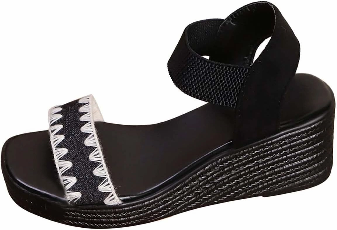 Womens Slip on Espadrilles Dress Platform Sandals Open Toe Elastic Ankle Strap Wedges Sandals with Arch Support Step By Step Diy Flip Flops