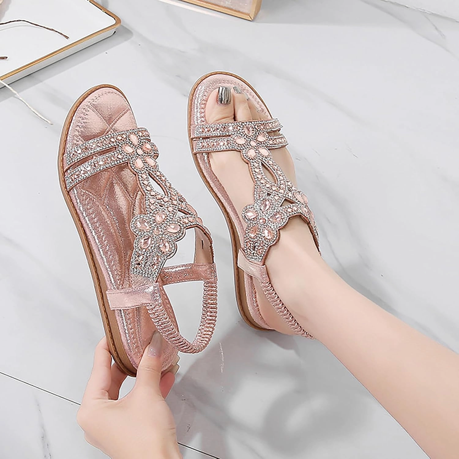 Live In Flip Flops Womens Wedge Sandals Flower Low Heel Dressy Sandals Elastic Ankle Strap Rhinestone Summer Comfortable Shoes