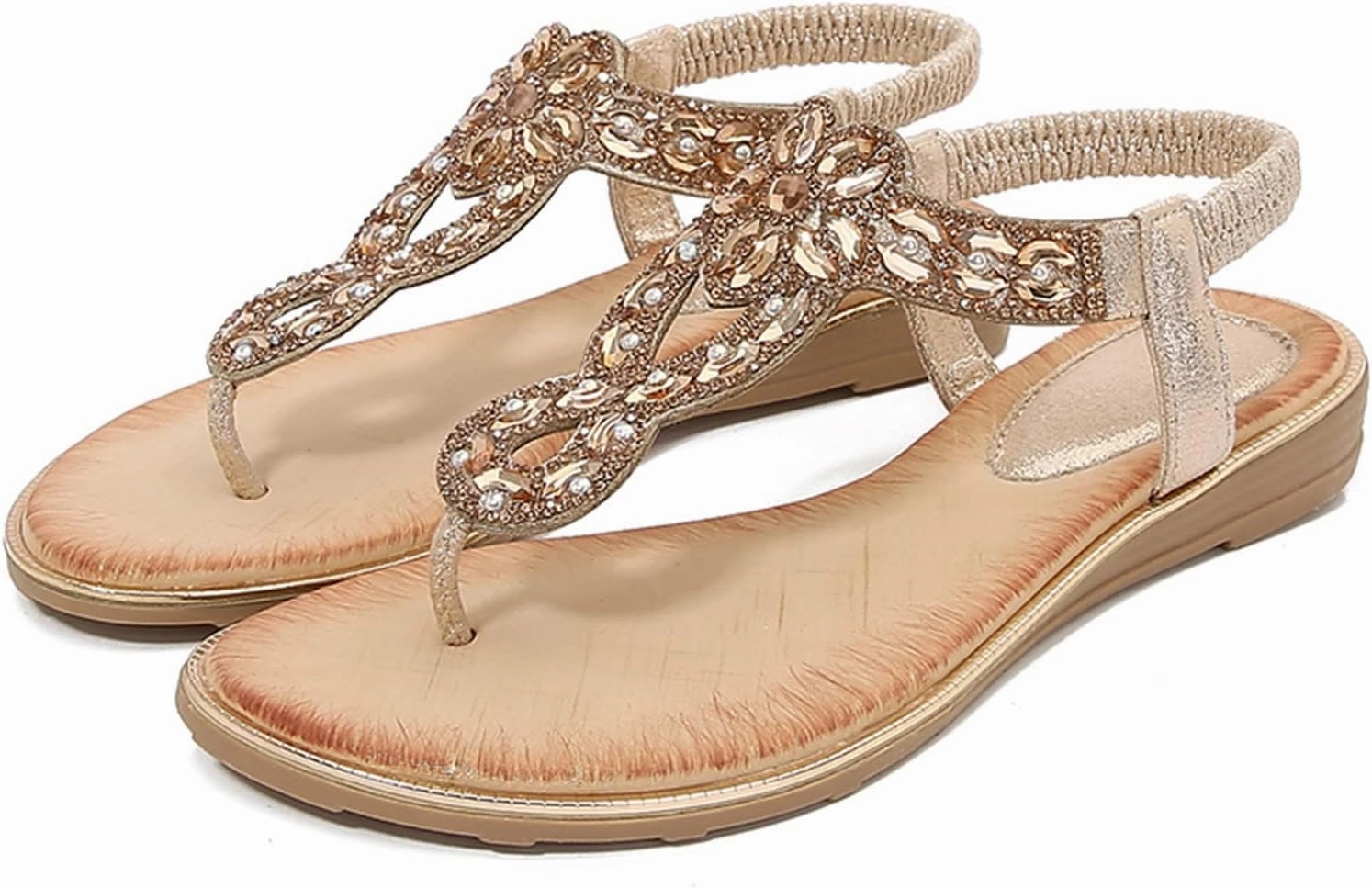 Rafters Flip Flops Womens Wedge Sandals Rhinestone Summer Comfortable Dress Shoes Flower Elastic Ankle Strap Low Heel Dressy Sandals