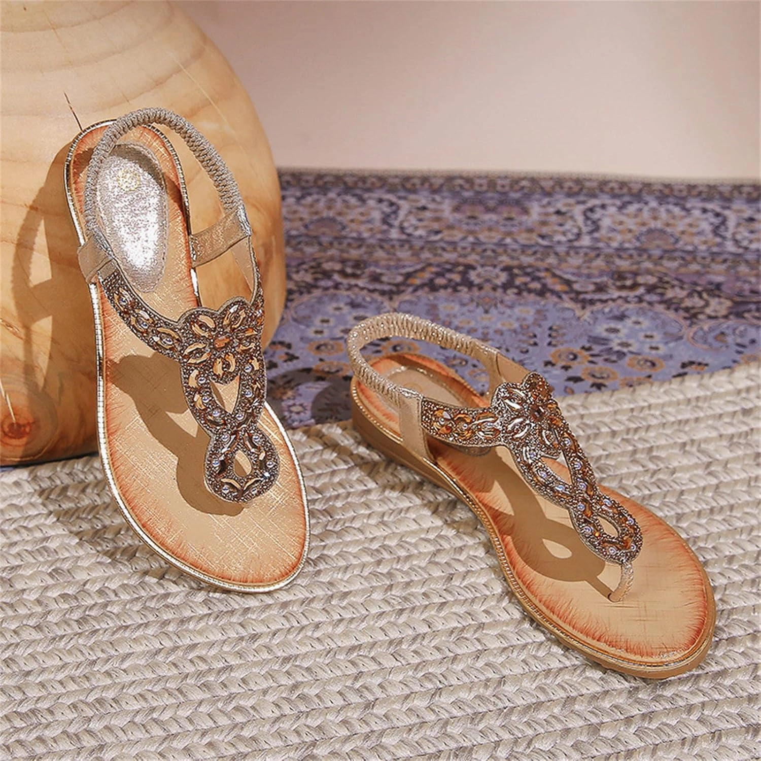 Flip Flops Style Womens Wedge Sandals Rhinestone Summer Comfortable Dress Shoes Flower Elastic Ankle Strap Low Heel Dressy Sandals