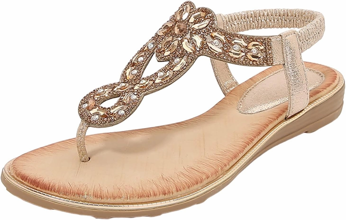 Double Strap Flip Flops Womens Wedge Sandals Rhinestone Summer Comfortable Dress Shoes Flower Elastic Ankle Strap Low Heel Dressy Sandals