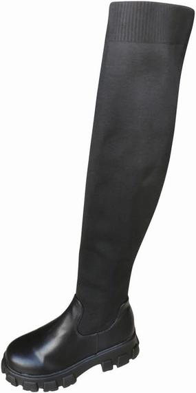 Womenyiaor Women's Over The Knee Boots Thigh High Boots for Women Stretchy Knit Round Toe Knee High Boots Black Suede Chunky Heel Platform Over-the-Knee Boots Fashion Boots Fall Boots Heeled Knee High Boots For Wide Calves