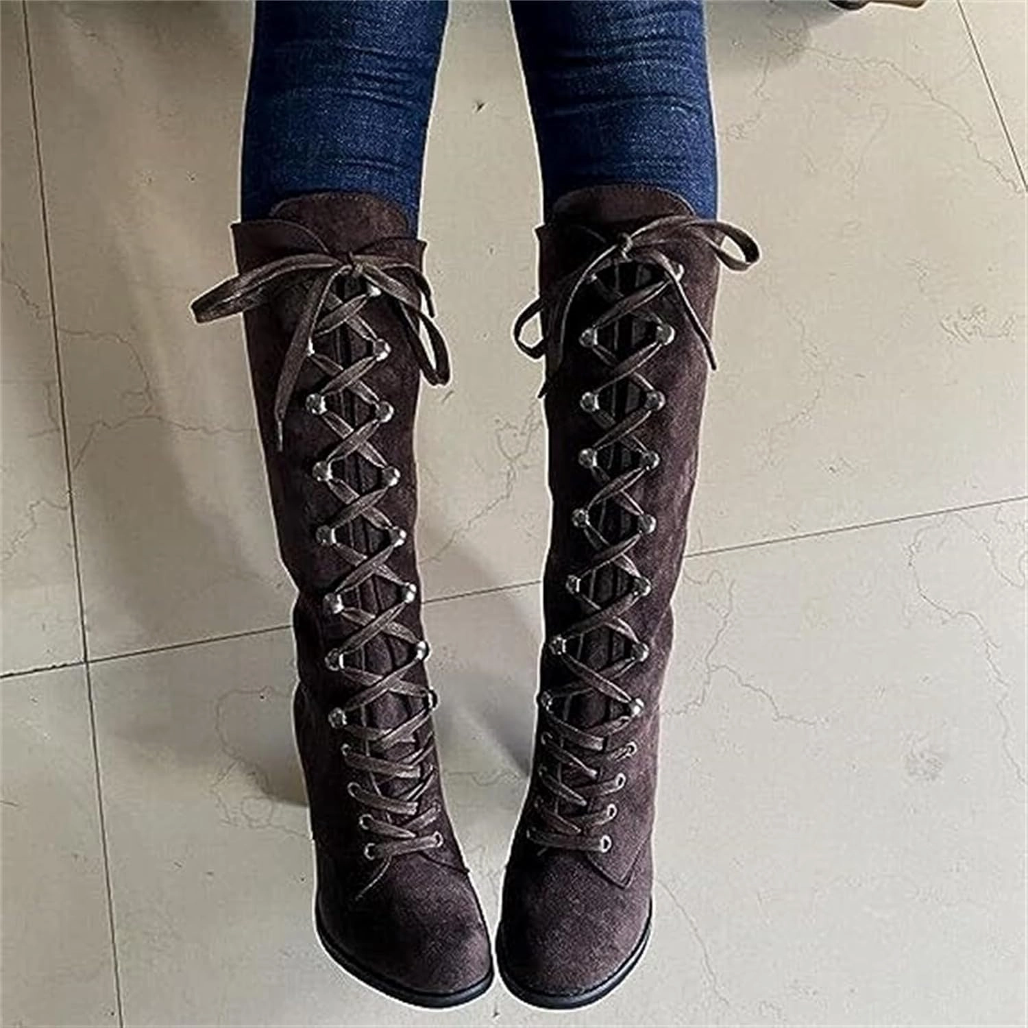 Extra Wide Calf Knee High Boot Ladmiple Fall Boots Women Knee High Wide Calf Chunky Boots High Block Heels Lace Up Cowboy Cowgirl Western Dress Shoes