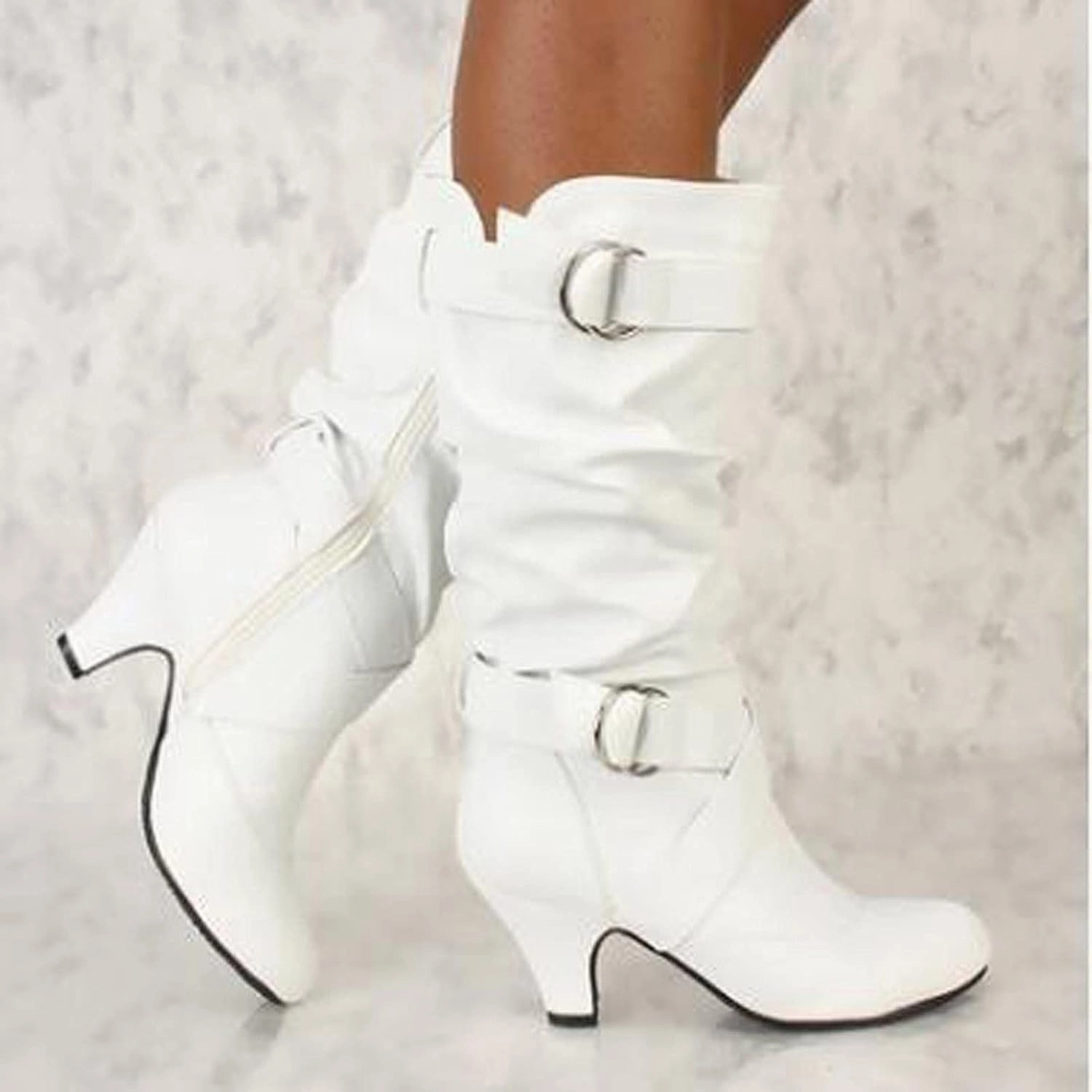 White Cowgirl Boots Pleated 2 Buckle Belt Knee High Boots Low Block Heel Thigh High Boots Tall Long Bootie Combat High Boots