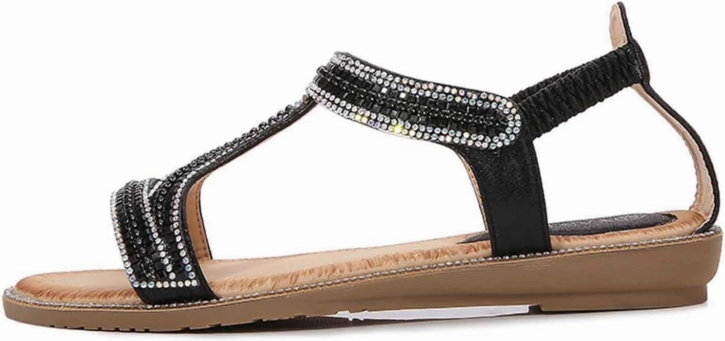 Women's Rhinestone Flat Sandals Summer Dressy Open Toe Comfortable Boho Beach Sandals for Casual Outings and Vacations Vintage Canvas Tennis Shoes