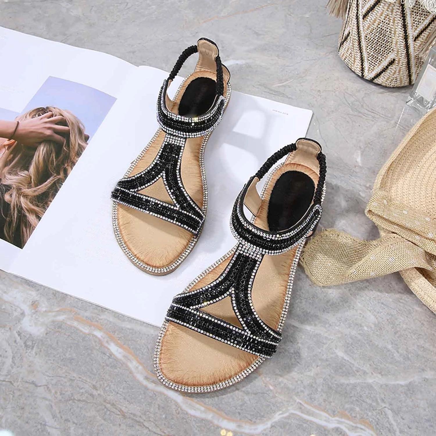 Women's Rhinestone Flat Sandals Summer Dressy Open Toe Comfortable Boho Beach Sandals for Casual Outings and Vacations O C Tennis Shoes